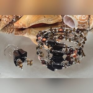 Elegant Black and Brown Beaded Bracelet Set